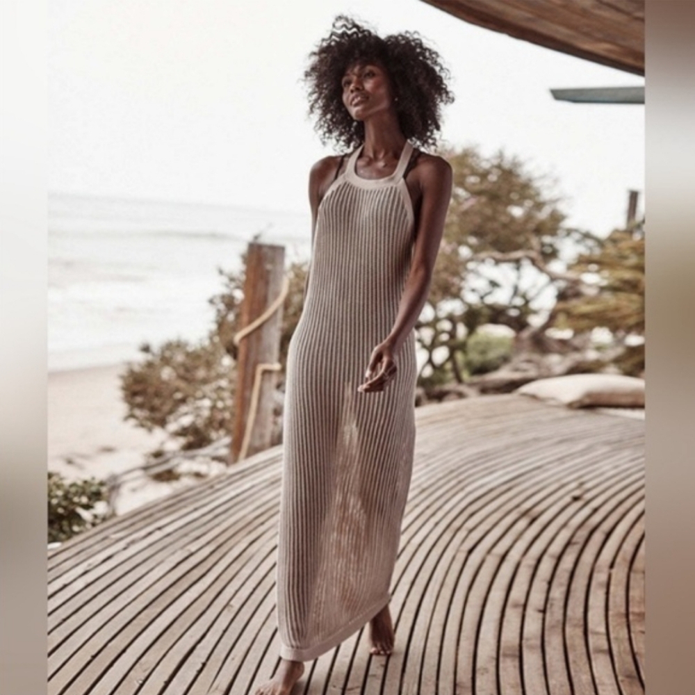Summersalt Crochet Halter Maxi Dress Taupe Swim Cover-up Beach Vacation Sz M NWT